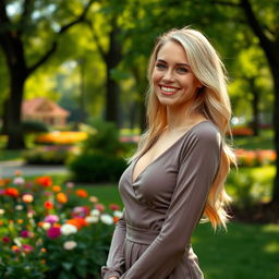 A slender, beautiful European blonde woman, 28 years old, smiling charmingly in a park