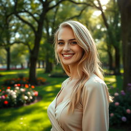 A slender, beautiful European blonde woman, 28 years old, smiling charmingly in a park