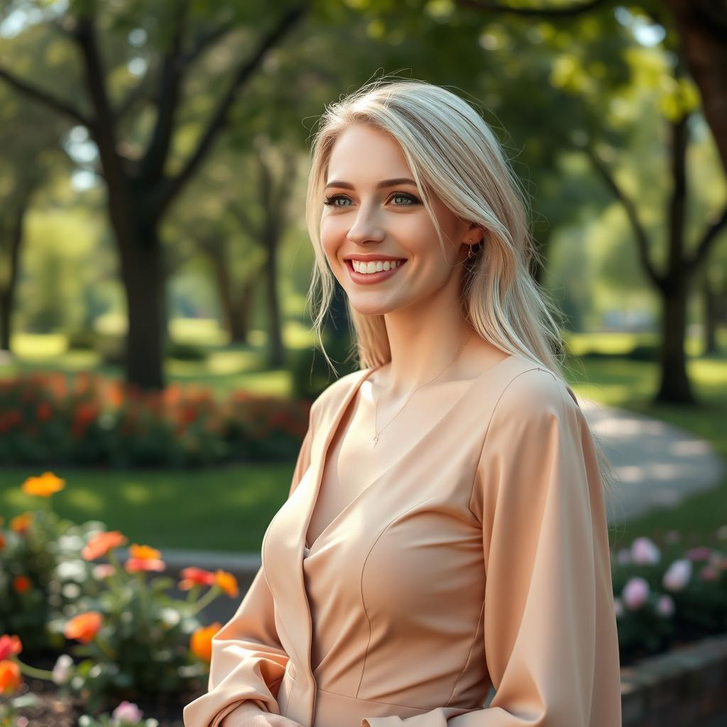 A slender, beautiful European blonde woman, 28 years old, smiling charmingly in a park