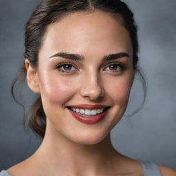 Realistic portrait of Gal Gadot with captivating eyes and radiant smile, capturing her strong and positive personality.