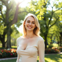 A slender, beautiful European blonde woman, 28 years old, smiling sweetly in a park