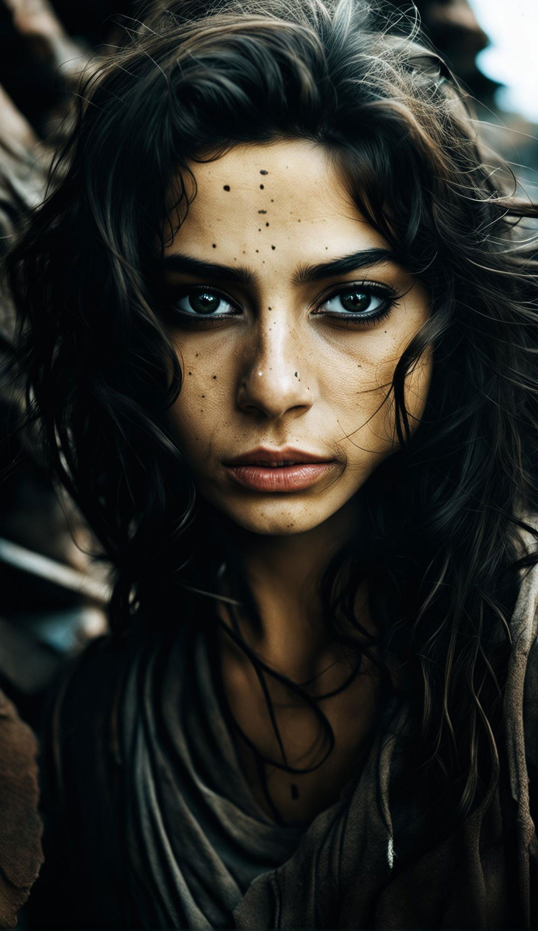 16k resolution photograph of a beautiful 23-year-old Iranian woman with pale hazel green eyes and thick dark hair against a war-torn background. Low light, focused front view with symmetrical facial features in James Nachtwey's style.