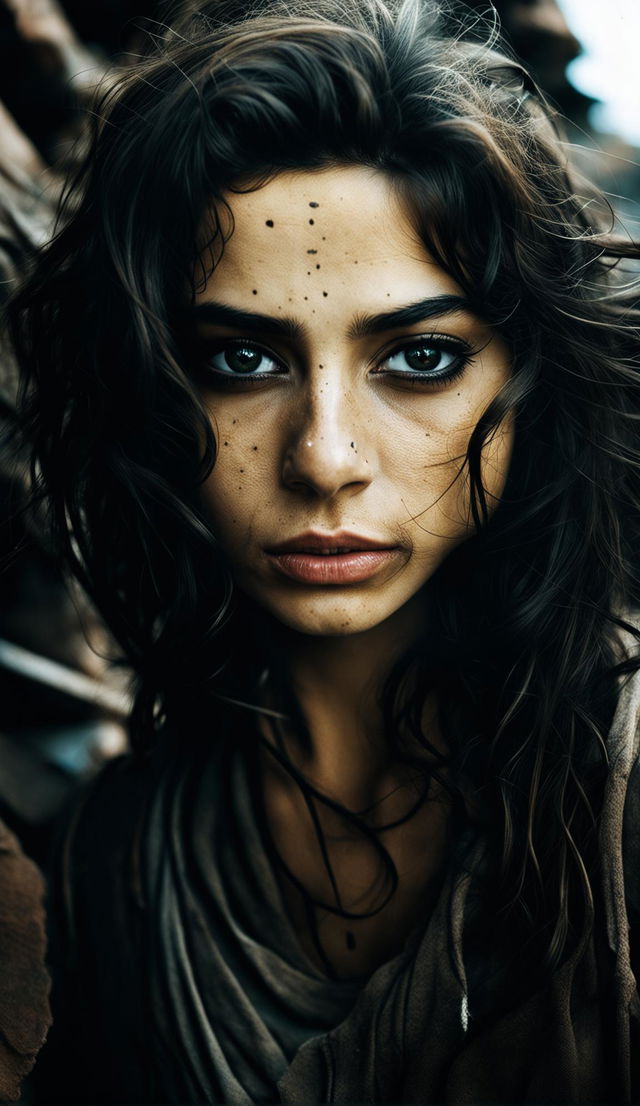 16k resolution photograph of a beautiful 23-year-old Iranian woman with pale hazel green eyes and thick dark hair against a war-torn background. Low light, focused front view with symmetrical facial features in James Nachtwey's style.