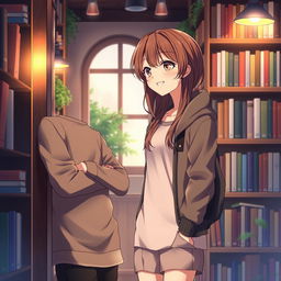 A captivating anime scene featuring a girl with brown hair leaning casually against a bookshelf in a cozy library