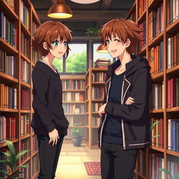 A captivating anime scene featuring a girl with brown hair leaning casually against a bookshelf in a cozy library