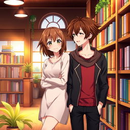 A captivating anime scene featuring a girl with brown hair leaning casually against a bookshelf in a cozy library