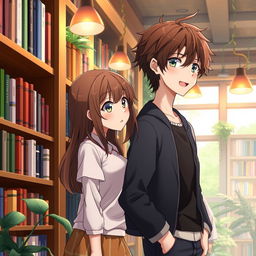 A captivating anime scene featuring a girl with brown hair leaning casually against a bookshelf in a cozy library