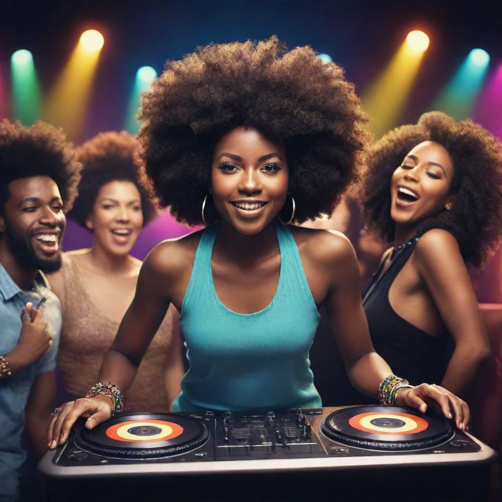 Upgrade the originally generated image, now include an energetic Afro Groove themed party scene. Add diverse, dancing crowd, a DJ, DJ set illuminated by dynamic, colorful lights.