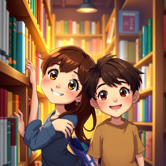 A beautiful animation scene depicting a girl with brown hair leaning against a library shelf, with a warm, inviting atmosphere