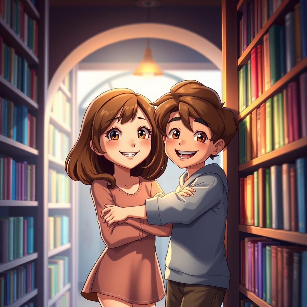 A beautiful animation scene depicting a girl with brown hair leaning against a library shelf, with a warm, inviting atmosphere