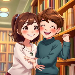 A beautiful animation scene depicting a girl with brown hair leaning against a library shelf, with a warm, inviting atmosphere