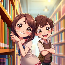 A beautiful animation scene depicting a girl with brown hair leaning against a library shelf, with a warm, inviting atmosphere