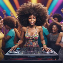 Upgrade the originally generated image, now include an energetic Afro Groove themed party scene. Add diverse, dancing crowd, a DJ, DJ set illuminated by dynamic, colorful lights.