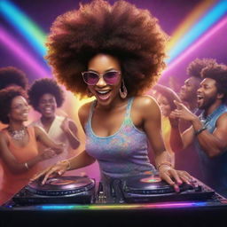 Upgrade the originally generated image, now include an energetic Afro Groove themed party scene. Add diverse, dancing crowd, a DJ, DJ set illuminated by dynamic, colorful lights.