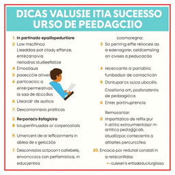 Dicas valiosas para ter sucesso no curso de pedagogia, incluindo organização do tempo, métodos de estudo eficazes, participação ativa em sala de aula, importância de estágios e experiências práticas, leitura de obras fundamentais na área da educação, desenvolvimento de habilidades de comunicação, construção de relacionamentos com professores e colegas, e envolvimento em atividades extracurriculares relacionadas à educação