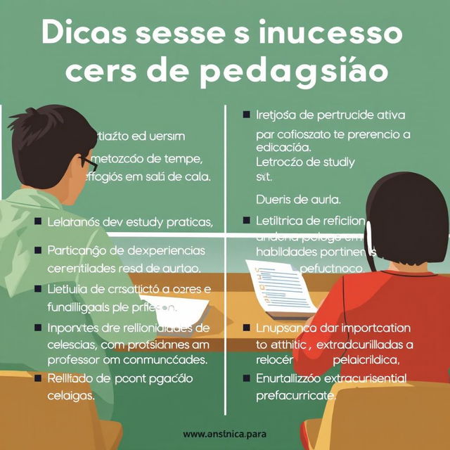 Dicas valiosas para ter sucesso no curso de pedagogia, incluindo organização do tempo, métodos de estudo eficazes, participação ativa em sala de aula, importância de estágios e experiências práticas, leitura de obras fundamentais na área da educação, desenvolvimento de habilidades de comunicação, construção de relacionamentos com professores e colegas, e envolvimento em atividades extracurriculares relacionadas à educação