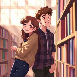 A scene depicting a girl with brown hair leaning against a library shelf, with a warm, cozy atmosphere