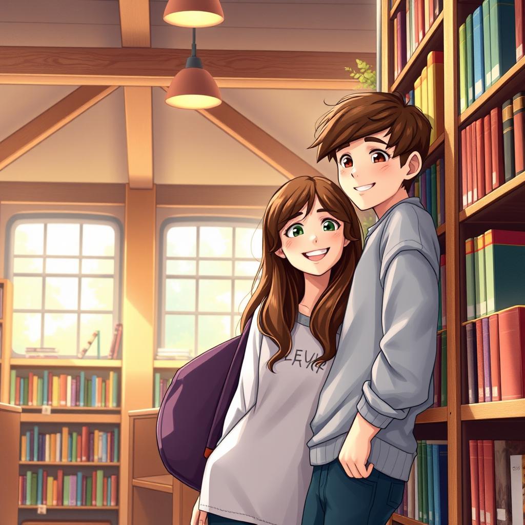 A scene depicting a girl with brown hair leaning against a library shelf, with a warm, cozy atmosphere