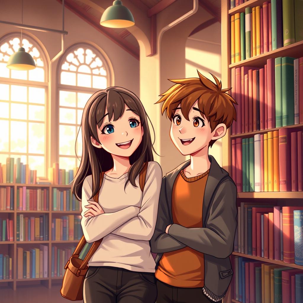 A scene depicting a girl with brown hair leaning against a library shelf, with a warm, cozy atmosphere