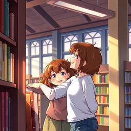 A scene depicting a girl with brown hair leaning against a library shelf, with a warm, cozy atmosphere