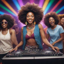 Upgrade the originally generated image, now include an energetic Afro Groove themed party scene. Add diverse, dancing crowd, a DJ, DJ set illuminated by dynamic, colorful lights.