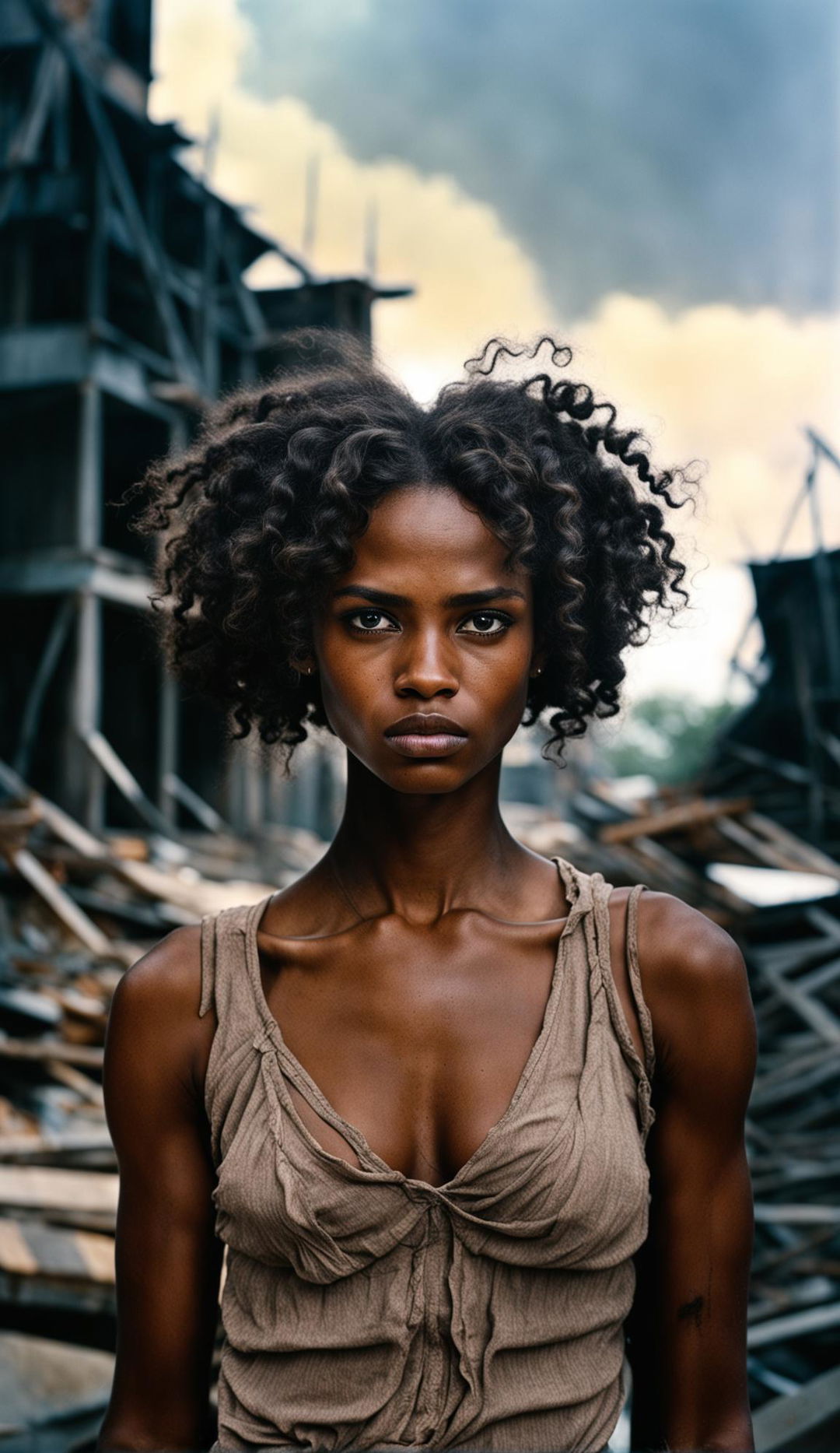 16k resolution photograph of a beautiful 23-year-old black woman with pale hazel green eyes and symmetrical features in a war-torn setting. Low light, front head view shot by James Nachtwey.