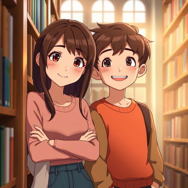 A realistic animation scene featuring a girl around 16 years old with brown hair leaning against a library shelf