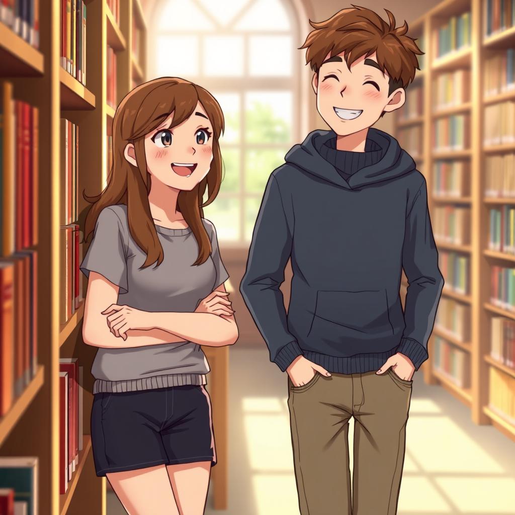 A realistic animation scene featuring a girl around 16 years old with brown hair leaning against a library shelf