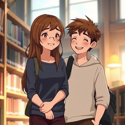 A realistic animation scene featuring a girl around 16 years old with brown hair leaning against a library shelf