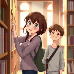 A realistic animation scene featuring a girl around 16 years old with brown hair leaning against a library shelf