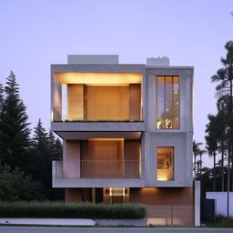 Two-story house, the ground floor designed with blocks. The second floor, though slightly more expensive in appearance, features a roof balcony made of glass. What sets the house apart are its soft, illuminating light colors.