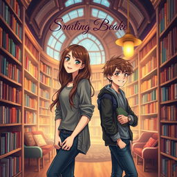 A captivating book cover featuring a girl around 16 years old with brown hair leaning casually against a library shelf