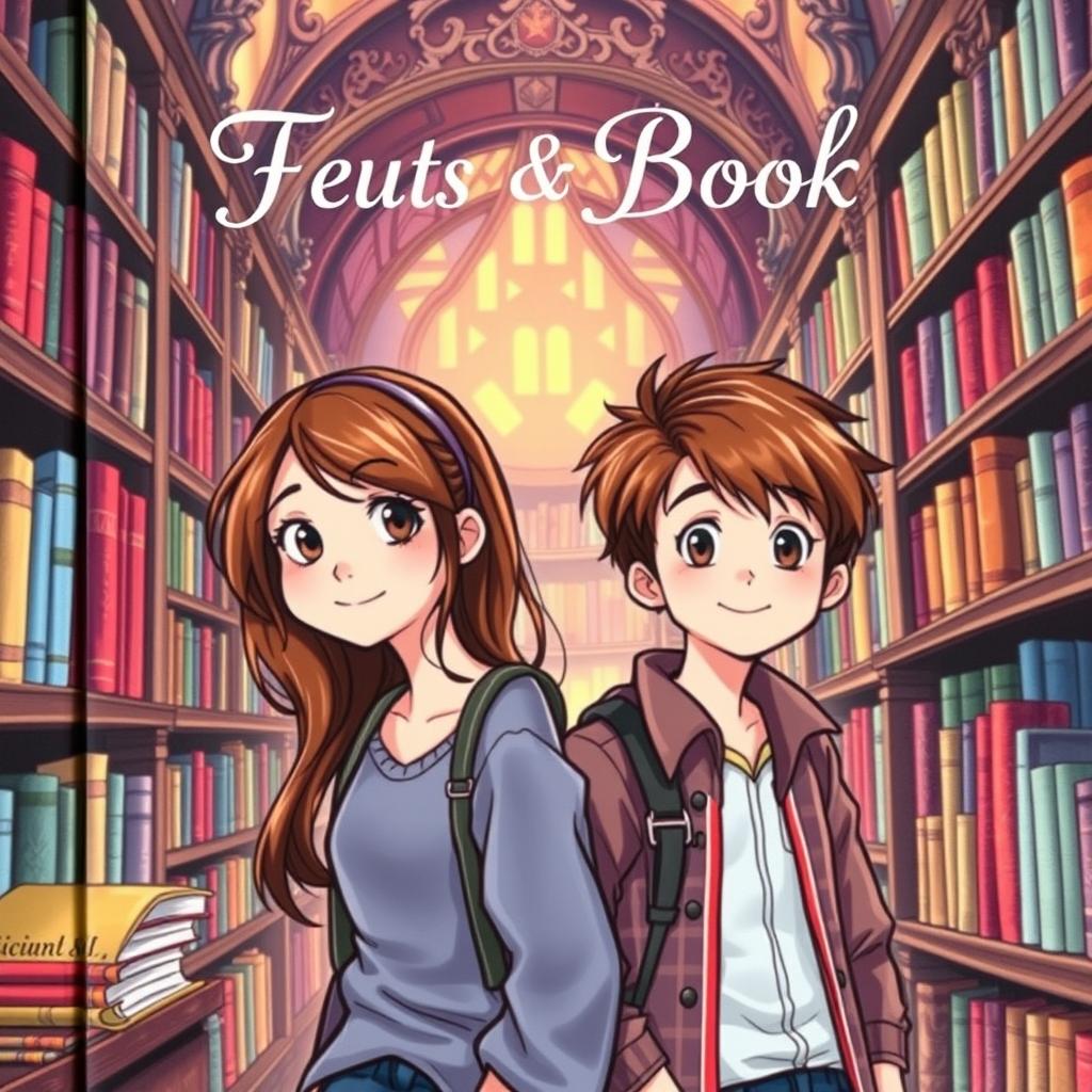 A charming book cover featuring a girl around 16 years old with brown hair, casually leaning against a library shelf, exuding a sense of curiosity and warmth