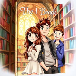 A charming book cover featuring a girl around 16 years old with brown hair, casually leaning against a library shelf, exuding a sense of curiosity and warmth