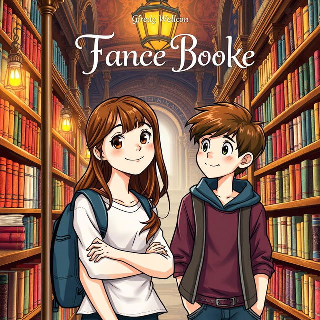 A charming book cover featuring a girl around 16 years old with brown hair, casually leaning against a library shelf, exuding a sense of curiosity and warmth