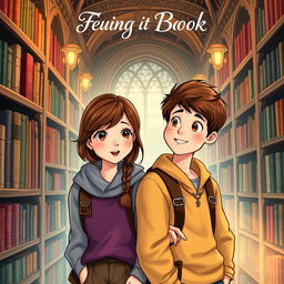 A charming book cover featuring a girl around 16 years old with brown hair, casually leaning against a library shelf, exuding a sense of curiosity and warmth