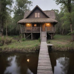 A cozy house in the swamp, built on wooden stilts, features a thatched roof, and boardwalks linking different areas. The house displays rustic charm with earthy tones, lit by lanterns, using natural materials to rest harmoniously with the swamp environment.