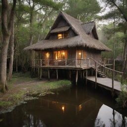 A cozy house in the swamp, built on wooden stilts, features a thatched roof, and boardwalks linking different areas. The house displays rustic charm with earthy tones, lit by lanterns, using natural materials to rest harmoniously with the swamp environment.