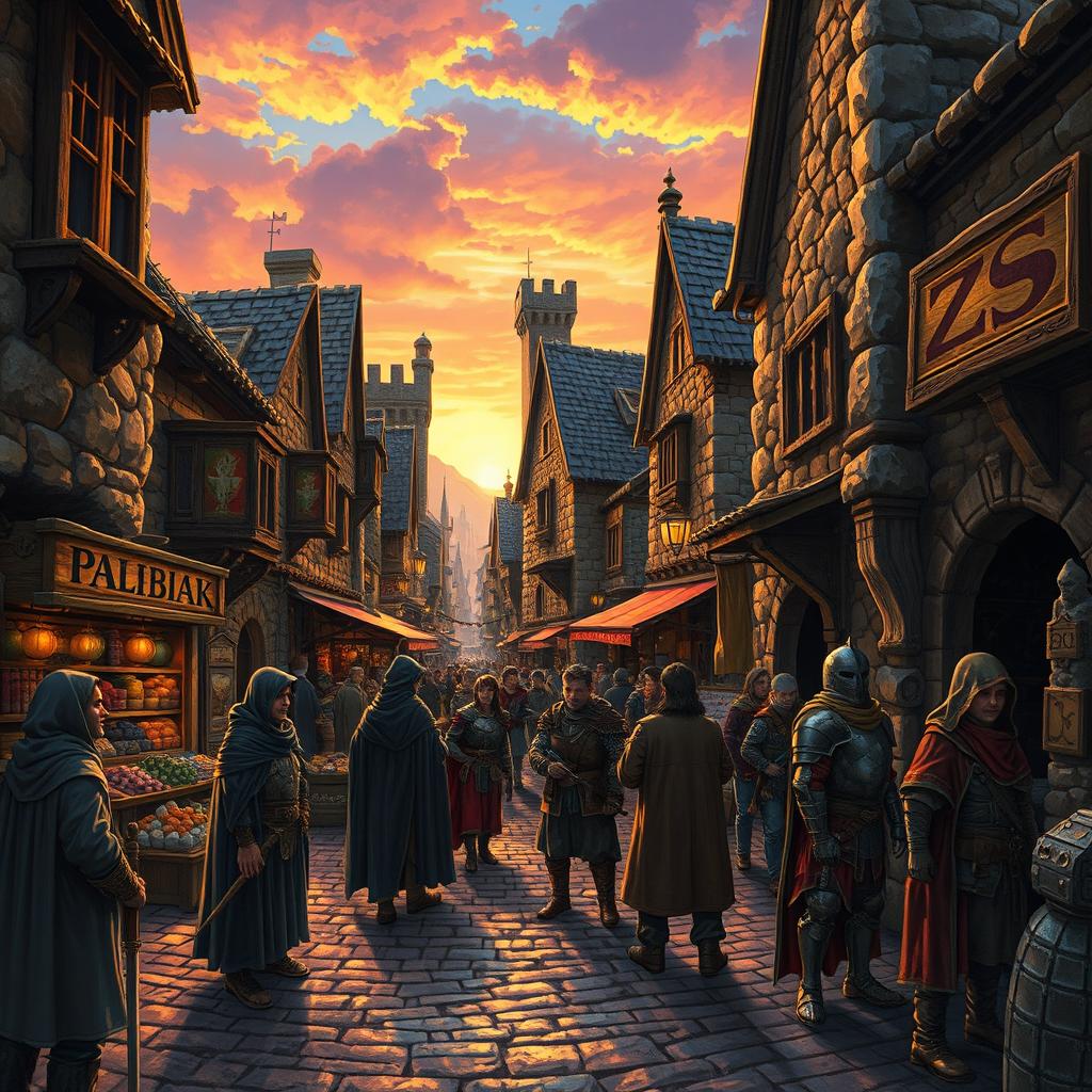 A highly detailed and atmospheric illustration inspired by Baldur's Gate 1, showcasing a bustling medieval town filled with adventurers and townsfolk