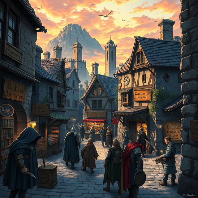 A highly detailed and atmospheric illustration inspired by Baldur's Gate 1, showcasing a bustling medieval town filled with adventurers and townsfolk