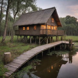 A cozy house in the swamp, built on wooden stilts, features a thatched roof, and boardwalks linking different areas. The house displays rustic charm with earthy tones, lit by lanterns, using natural materials to rest harmoniously with the swamp environment.