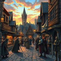 A highly detailed and atmospheric illustration inspired by Baldur's Gate 1, showcasing a bustling medieval town filled with adventurers and townsfolk