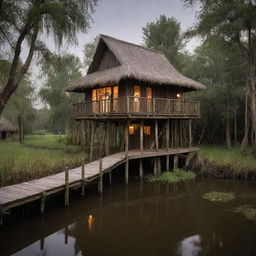 A cozy house in the swamp, built on wooden stilts, features a thatched roof, and boardwalks linking different areas. The house displays rustic charm with earthy tones, lit by lanterns, using natural materials to rest harmoniously with the swamp environment.