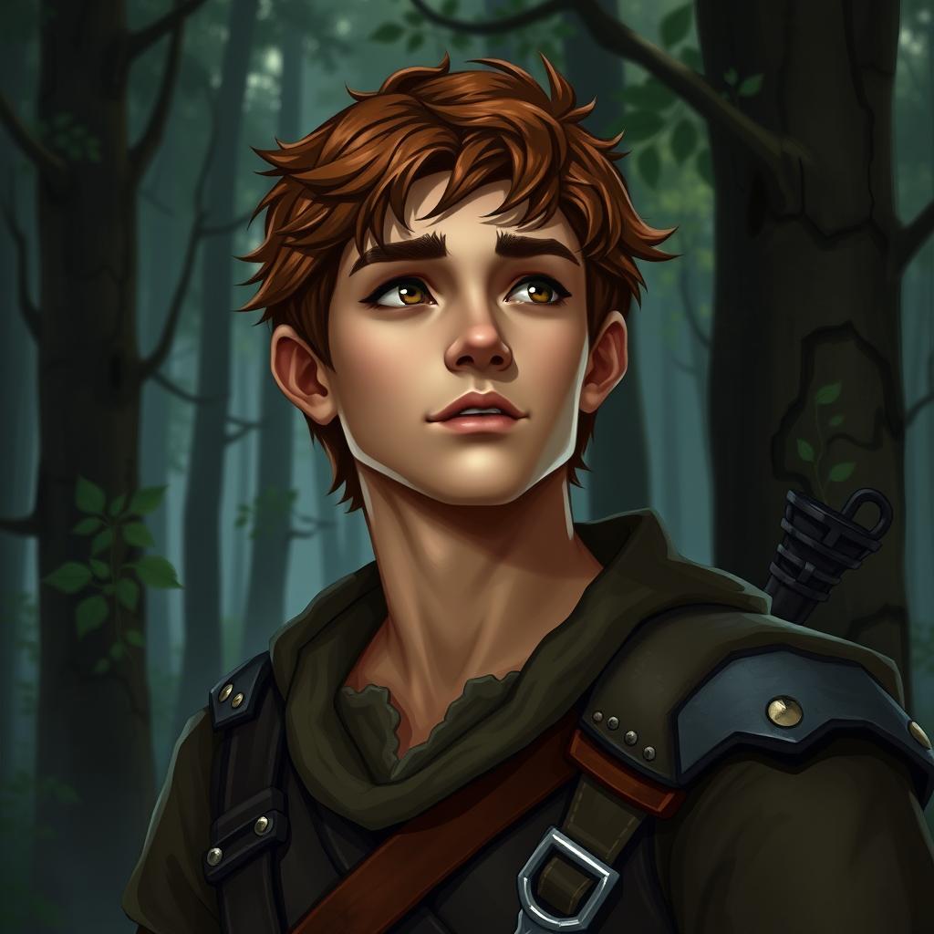 A portrait of Ostaram Stormwind, a young male ranger, age 26, standing in a forest setting