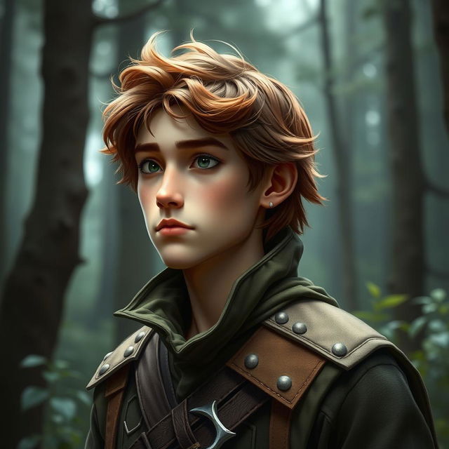 A portrait of Ostaram Stormwind, a young male ranger, age 26, standing in a forest setting