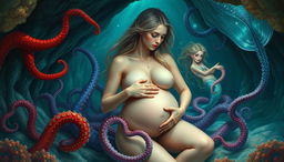 A fantastical and surreal portrayal of a beautiful naked lady in an enchanting underwater cave, gently squeezing her large breasts, surrounded by colorful tentacles