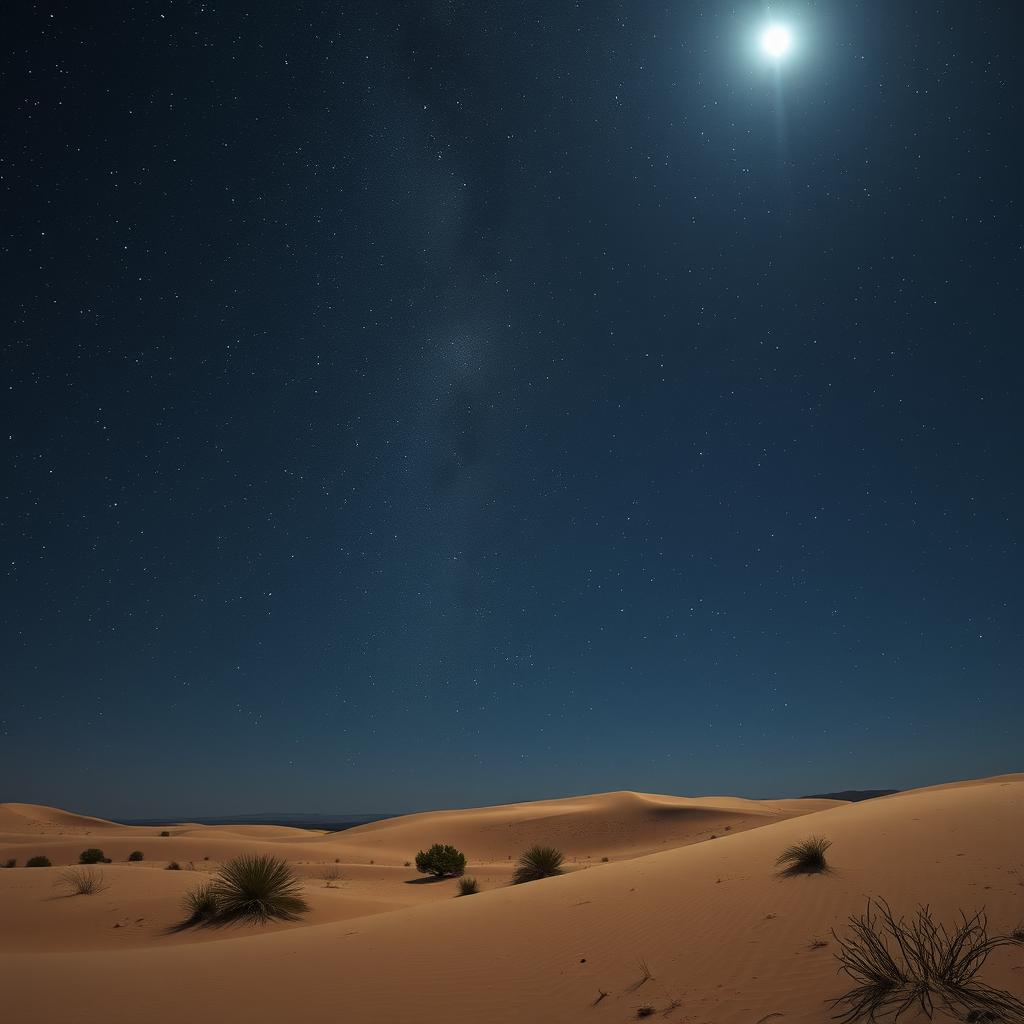 A breathtaking night desert scene filled with a starry sky, showcasing the shimmering Milky Way and the prominent bright star, known as the Shepherd Star