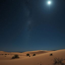 A breathtaking night desert scene filled with a starry sky, showcasing the shimmering Milky Way and the prominent bright star, known as the Shepherd Star