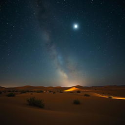 A breathtaking night desert scene filled with a starry sky, showcasing the shimmering Milky Way and the prominent bright star, known as the Shepherd Star