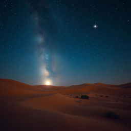 A breathtaking night desert scene filled with a starry sky, showcasing the shimmering Milky Way and the prominent bright star, known as the Shepherd Star